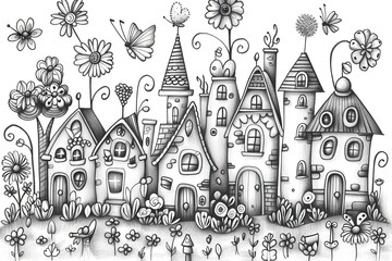Obraz premium Whimsical Black and White Fairy Tale Village Drawing