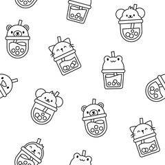 Matcha bubble tea with animal faces. Seamless pattern. Coloring Page. Boba beverage. Hand style. Vector drawing. Design ornaments.