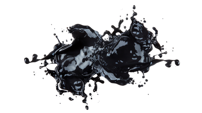 Realistic splash of black liquid in mid-air with a white background. The liquid should look viscous and be suspended in mid-air.