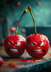 Angry Cherries On A Wooden Table