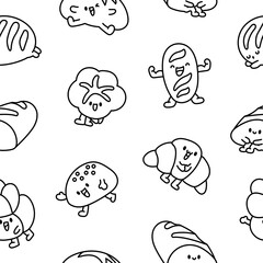 Cartoon happy bread face characters. Seamless pattern. Coloring Page. Funny tasty bakery pastries. Hand drawn style. Vector drawing. Design ornaments.