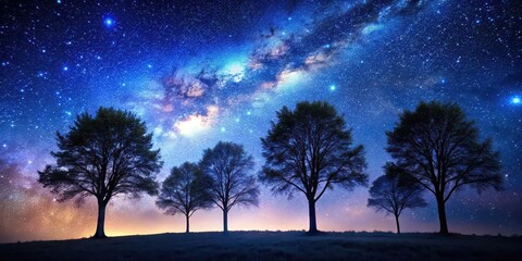Naklejka premium Majestic trees silhouetted against a starry night sky, nature, night, forest, trees, silhouettes, stars, sky, dark, shadows
