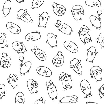 Funny bread characters. Seamless pattern. Coloring Page. Cute tasty bakery pastries, cartoon happy bagets faces. Hand drawn style. Vector drawing. Design ornaments.