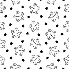 Cute kawaii sea shell. Seamless pattern. Coloring Page. Cartoon aquatic life. Marine seashell characters, summer vacation. Hand drawn style. Vector drawing. Design ornaments.