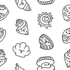 Cute kawaii sea shell. Seamless pattern. Coloring Page. Cartoon aquatic life. Marine seashell characters, summer vacation. Hand drawn style. Vector drawing. Design ornaments.