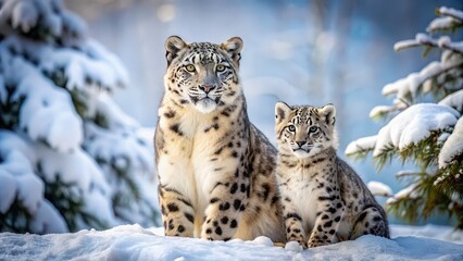 Obraz premium Snow leopard with her adorable cub in a snowy landscape, snow leopard, cub, wildlife, parent, motherhood, cute