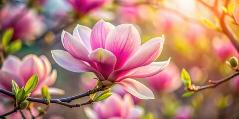 Obraz premium Pink magnolia flower blooming in full blossom, magnolia, pink, flower, bloom, petal, beautiful, floral, nature, spring, tree