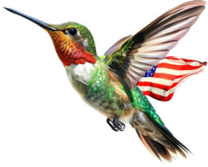 Fototapeta premium Colorful hummingbird in flight with an American flag element, representing freedom, nature, and patriotism.