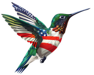 Obraz premium Colorful hummingbird with American flag pattern, symbolizing freedom and nature, ideal for patriotic and wildlife-themed projects.