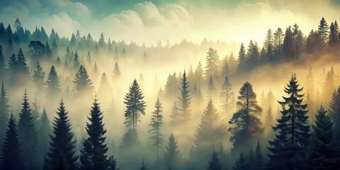 Obraz premium Misty landscape with fir forest in vintage retro style, misty, landscape, fir forest, vintage, retro, trees, fog, morning