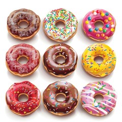 A Set Of Glazed Donuts With Sprinkles, Isolated On A White Background, Colorful And Delicious Appearance