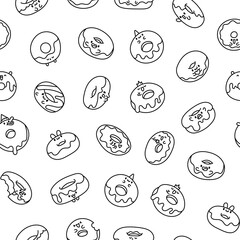 Cute cartoon kawaii donut. Seamless pattern. Coloring Page. Sweet doughnuts characters. Hand drawn style. Vector drawing. Design ornaments.