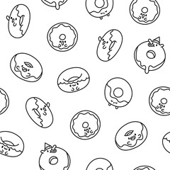 Cute cartoon kawaii donut. Seamless pattern. Coloring Page. Sweet doughnuts characters. Hand drawn style. Vector drawing. Design ornaments.