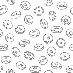 Donuts with glaze. Seamless pattern. Coloring Page. Sweet doughnuts. Chocolate confectionery. Hand drawn style. Vector drawing. Design ornaments.