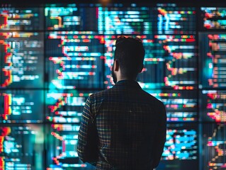 Programmer Analyzing Code on Digital Screen Presentation of Technology and Expertise