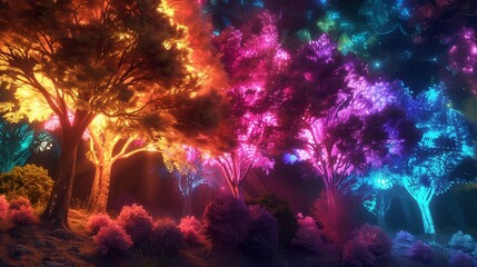 A captivating 3D render of a multicolor spectrum forest, with trees glowing and radiating vibrant hues in an otherworldly scene.