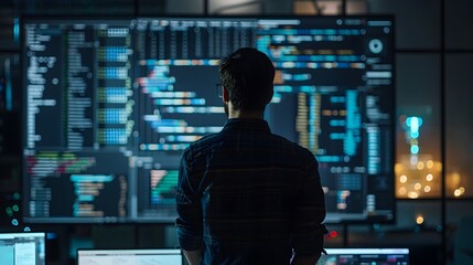 Programmer Standing Before Futuristic Screen Showcasing Technological Expertise in Software Development