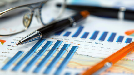 Close-Up of Financial Graphs and Charts with Glasses and Pens on Desk