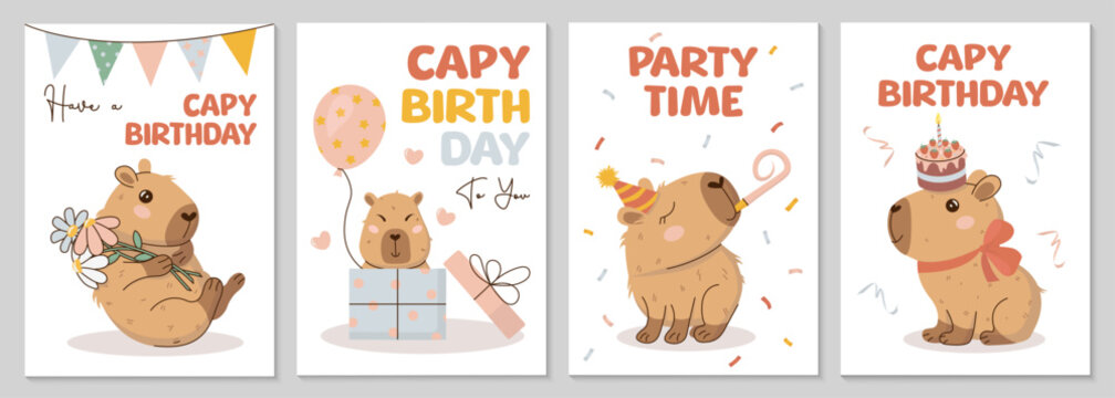 Happy Birthday greeting cards or invitations in hand-drawn style with cute capybara, balloon, cake, flowers, garland. Capy birthday text. Amusing capibara character. Vector templates for party, event.