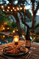 Evening Grilling: A cozy evening setting with chicken wings grilling, warm lighting, and a backdrop of a softly lit backyard or patio.