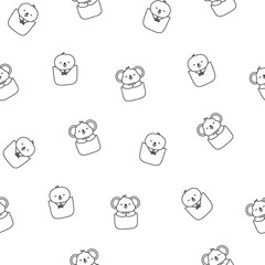Cute animals in the pocket. Seamless pattern. Coloring Page. Cartoon funny characters. Hand drawn style. Vector drawing. Design ornaments.