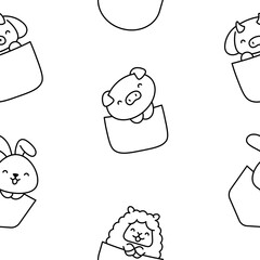 Cute animals in the pocket. Seamless pattern. Coloring Page. Cartoon funny characters. Hand drawn style. Vector drawing. Design ornaments.