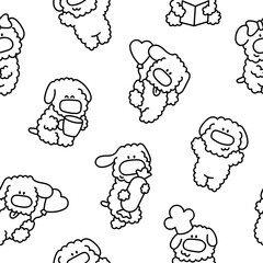 Cute kawaii dog. Seamless pattern. Coloring Page. Toy poodle. Cartoon funny puppy character. Hand drawn style. Vector drawing. Design ornaments.