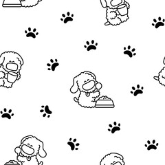 Cute kawaii dog. Seamless pattern. Coloring Page. Toy poodle. Cartoon funny puppy character. Hand drawn style. Vector drawing. Design ornaments.