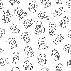 Obraz premium Cute dogs and puppy characters. Seamless pattern. Coloring Page. Cartoon funny pet animals. Hand drawn style. Vector drawing. Design ornaments.