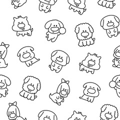 Cute dogs and puppy characters. Seamless pattern. Coloring Page. Cartoon funny pet animals. Hand drawn style. Vector drawing. Design ornaments.