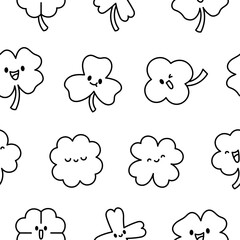 Cute kawaii lucky clover. Seamless pattern. Coloring Page. Cartoon funny characters. Hand drawn style. Vector drawing. Design ornaments.