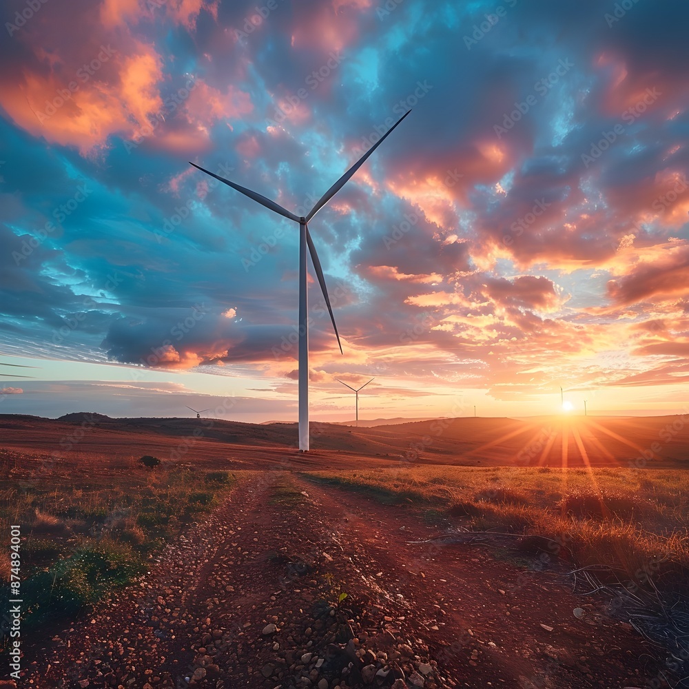 Wall mural Wind Turbines Silhouetted Against a Vibrant Sunset Sky in Picturesque Rural Landscape