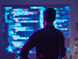Programmer Stands Before Projected Code Showcasing Technological and Software Expertise
