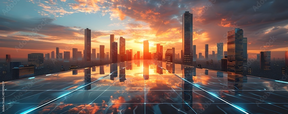 Canvas Prints futuristic solar powered metropolis with stunning sunset skyline and reflections