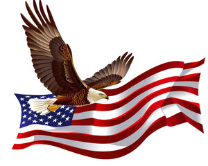 Illustration of an American bald eagle soaring over the United States flag, symbolizing freedom, patriotism, and national pride.