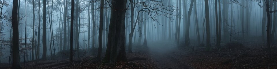 Obraz premium Dark, misty forest, full of spooky atmosphere, Halloween, night forest horror atmosphere, nature, outdoors, perfect for gothic and mysterious environments. , HD wallpapers, , backgrounds, generated by