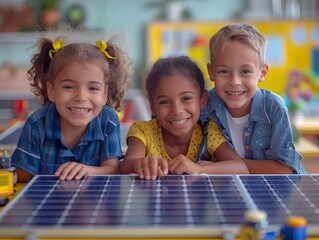 Diverse Children Learning About Solar Energy with Hands on Panel Model in Classroom