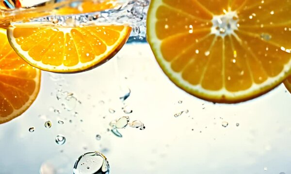 Super Slow Motion Shot of Splashing Orange Slices at 1000fps.