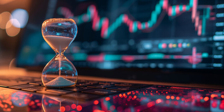Glass hourglass with white sand on a keyboard in front of a financial chart on a computer screen. Concept of time management, finance, and digital analytics.