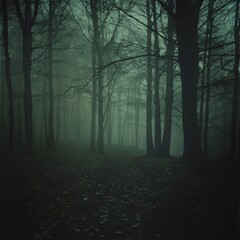 Fototapeta premium Dark, misty forest, full of spooky atmosphere, Halloween, night forest horror atmosphere, nature, outdoors, perfect for gothic and mysterious environments. , HD wallpapers, , backgrounds, generated by