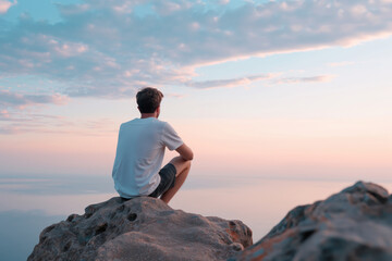 A young man sits on a rocky cliff, gazing out at the tranquil horizon during a serene sunset.