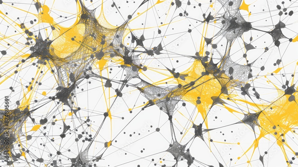 Poster an abstract illustration shows a network formed by interconnected nodes and lines in yellow and blac