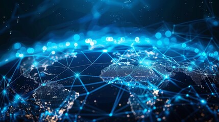 A digital representation of global connections with glowing points and lines symbolizing a blockchain-based platform.