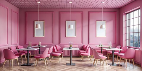 Fototapeta premium Pink restaurant interior with rows of chairs and tables, window and mockup frame, pink, restaurant, interior, chairs, tables, row