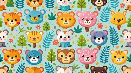 Seamless pattern featuring cute and colorful animals, wildlife, zoo, jungle, safari, texture, repeat, background, design, cute, colorful