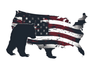 Silhouette of a bear with an American flag overlay in the shape of the United States map, representing patriotism and nature.