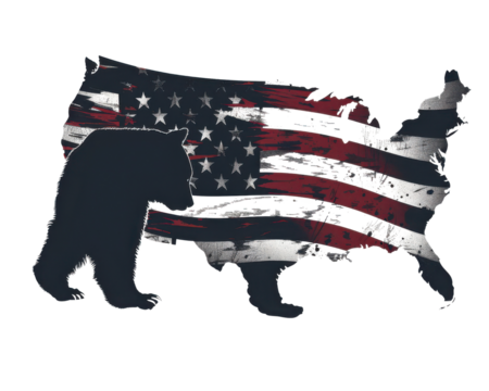 Silhouette of a bear with an American flag overlay in the shape of the United States map, representing patriotism and nature.