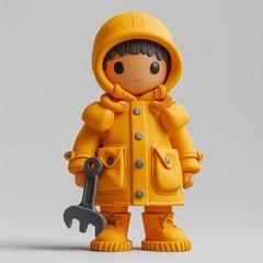 Create A 3D Rendering Of A Boy Wearing An Orange Raincoat And Holding A Wrench, Ready For A Rainy Day Project