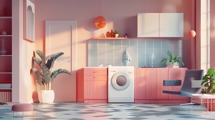 A modern laundry room with pink cabinets, a washing machine, and plants. The room is filled with natural light.