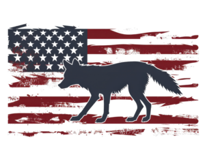 Silhouette of a coyote walking on a distressed American flag backdrop, symbolizing wilderness and patriotic spirit in the USA.